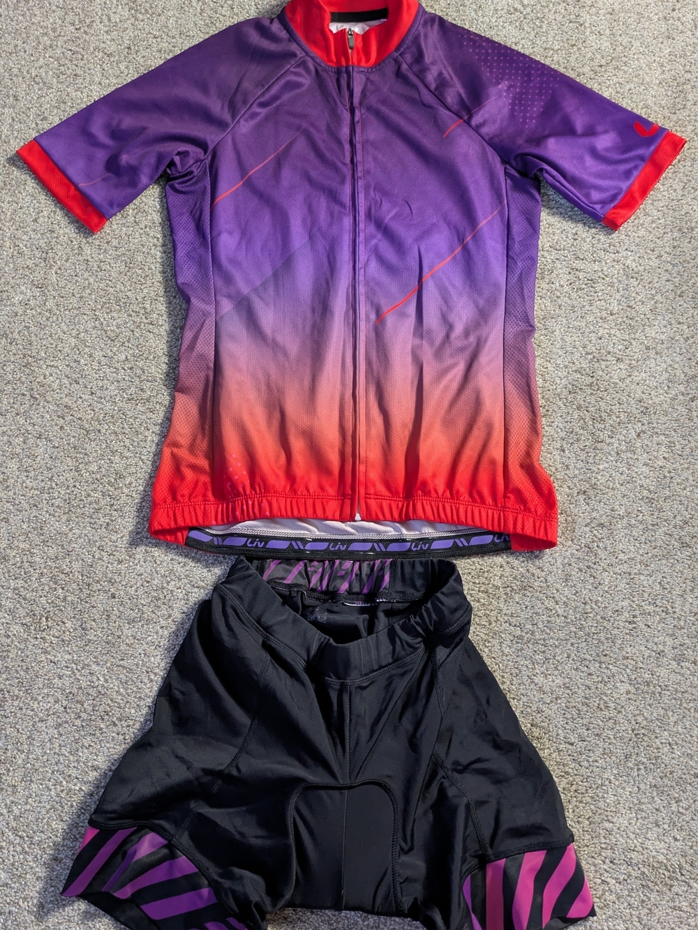 Liv Women’s S 2pc Cycling Set Full Zip Jersey + Padded Shorts Colorblock purple